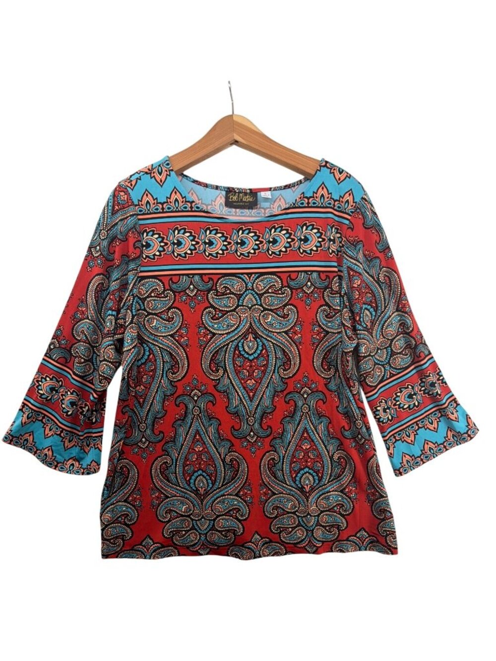 Bob Mackie Wearable Art Womens Tunic Top Sz L Red/Turquoise Paisley Artsy Slinky
